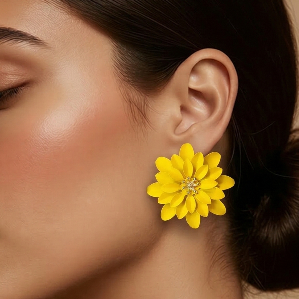 Bright Yellow Chrysanthemum Flower Stud Earrings Bold Floral Statement Sunshine